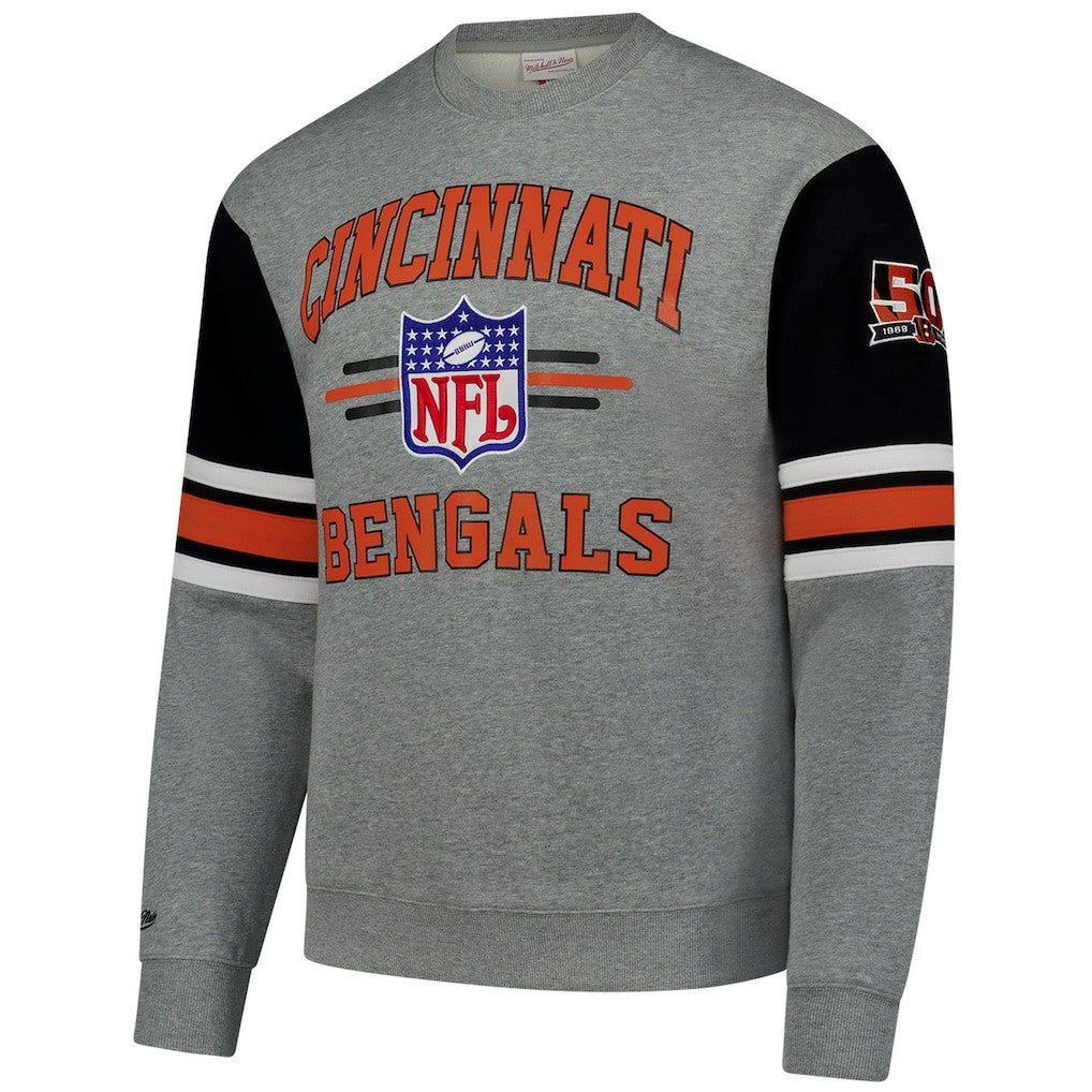 Cincinnati Bengals All Over 4.0 Vintage Logo Pullover Sweatshirt - Heather Gray - Mitchell & Ness
