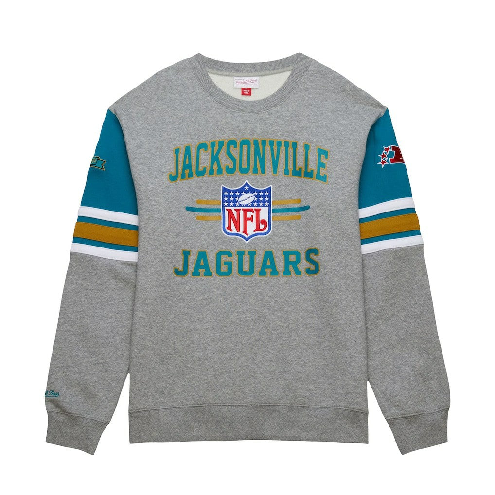 Jacksonville Jaguars All Over 4.0 Vintage Logo Pullover Sweatshirt - Heather Gray - Mitchell & Ness