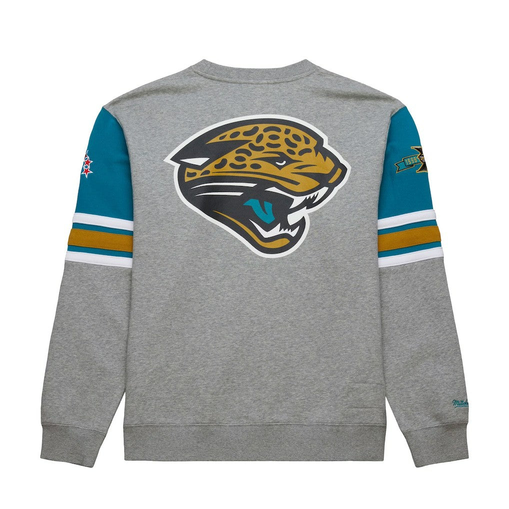 Jacksonville Jaguars All Over 4.0 Vintage Logo Pullover Sweatshirt - Heather Gray - Mitchell & Ness