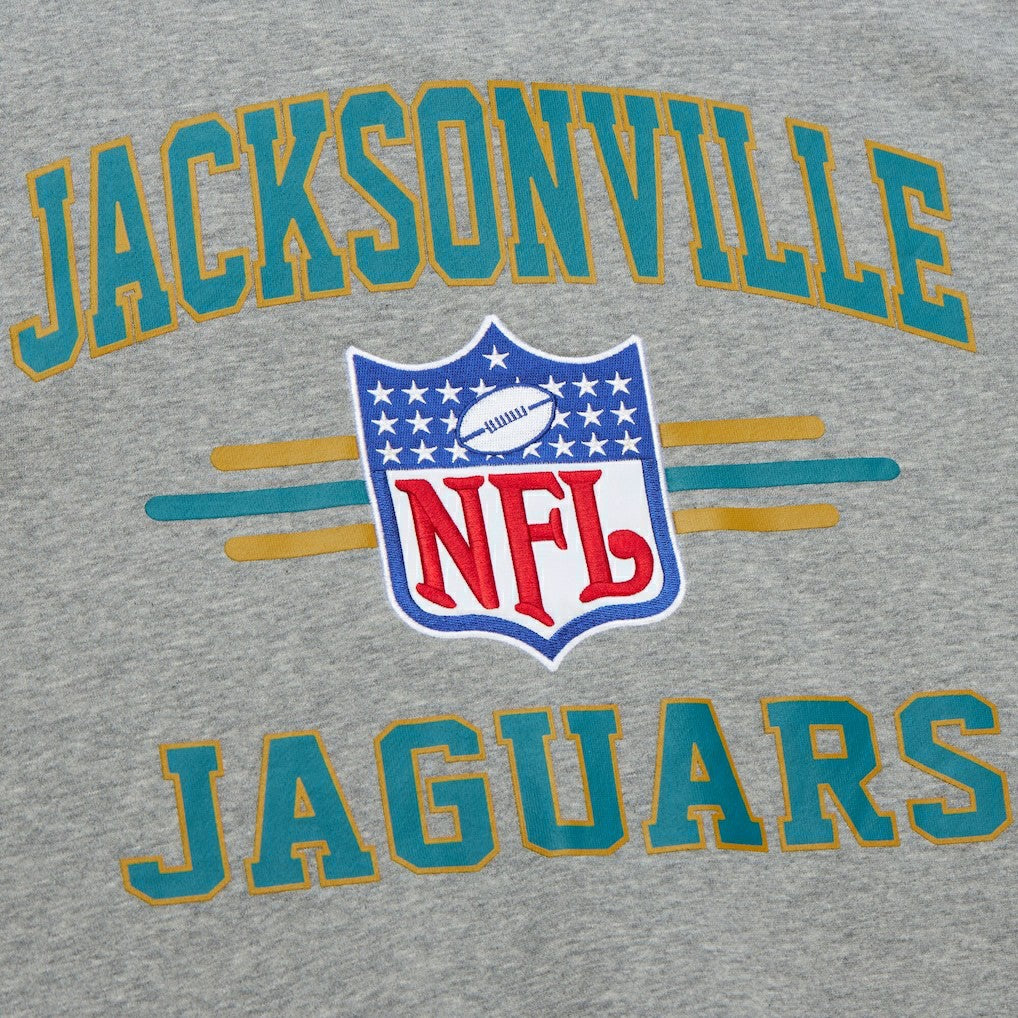 Jacksonville Jaguars All Over 4.0 Vintage Logo Pullover Sweatshirt - Heather Gray - Mitchell & Ness