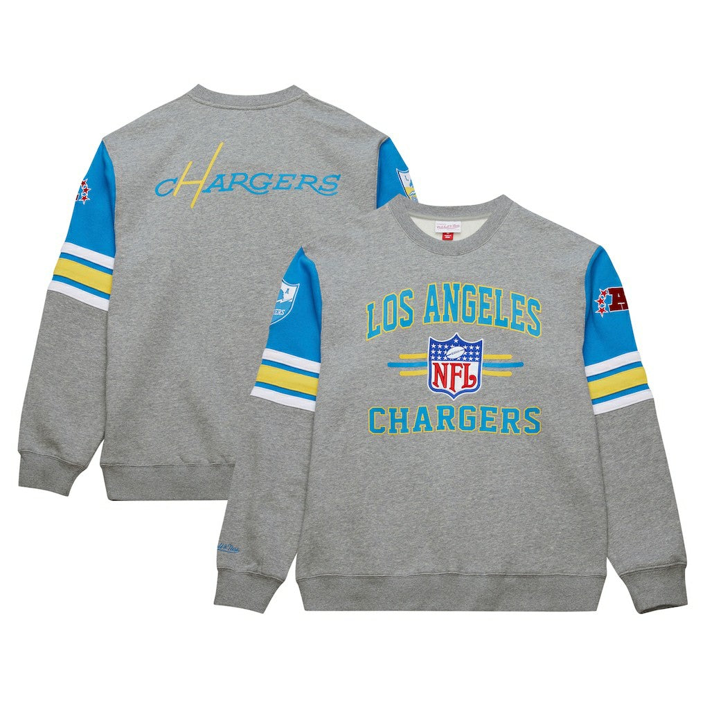 Los Angeles Chargers All Over 4.0 Vintage Logo Pullover Sweatshirt - Heather Gray - Mitchell & Ness
