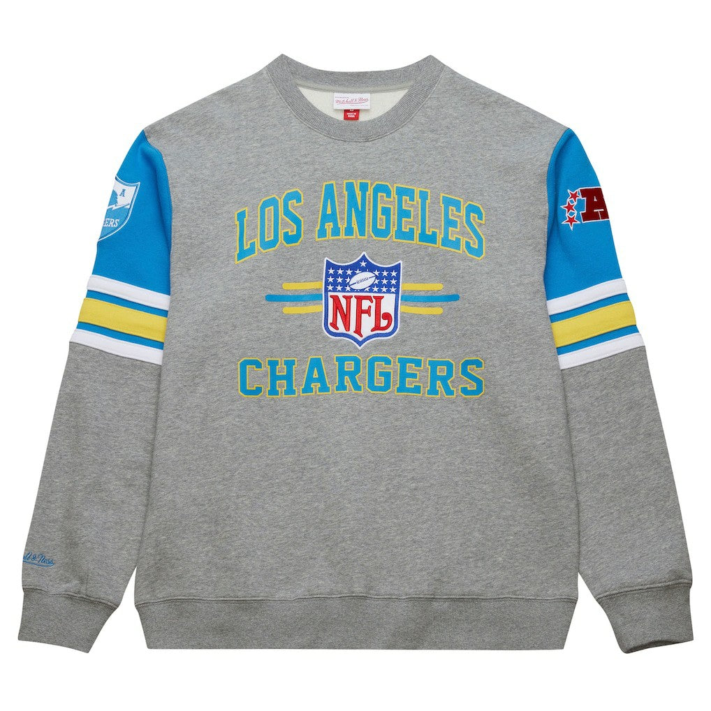 Los Angeles Chargers All Over 4.0 Vintage Logo Pullover Sweatshirt - Heather Gray - Mitchell & Ness