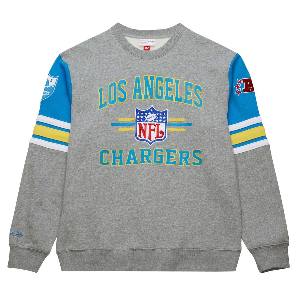 Los Angeles Chargers All Over 4.0 Vintage Logo Pullover Sweatshirt - Heather Gray - Mitchell & Ness