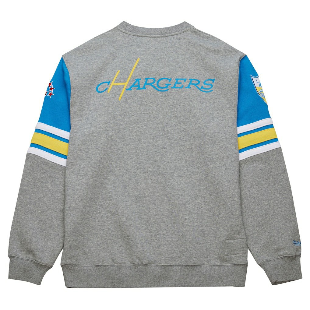 Los Angeles Chargers All Over 4.0 Vintage Logo Pullover Sweatshirt - Heather Gray - Mitchell & Ness