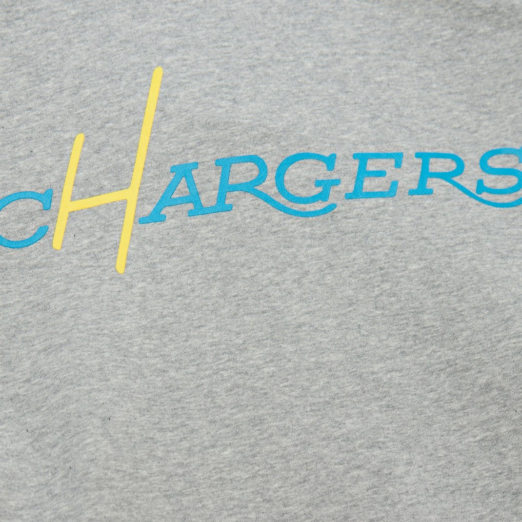Los Angeles Chargers All Over 4.0 Vintage Logo Pullover Sweatshirt - Heather Gray - Mitchell & Ness