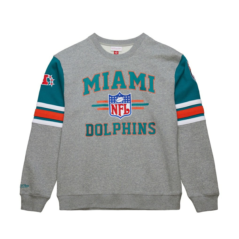 Miami Dolphins All Over 4.0 Vintage Logo Pullover Sweatshirt - Heather Gray - Mitchell & Ness