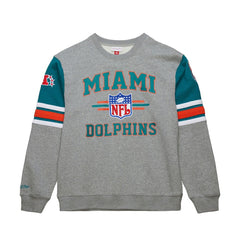 Miami Dolphins All Over 4.0 Vintage Logo Pullover Sweatshirt - Heather Gray - Mitchell & Ness