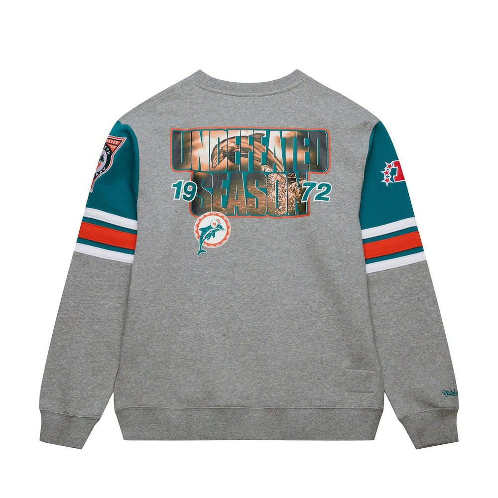 Miami Dolphins All Over 4.0 Vintage Logo Pullover Sweatshirt - Heather Gray - Mitchell & Ness
