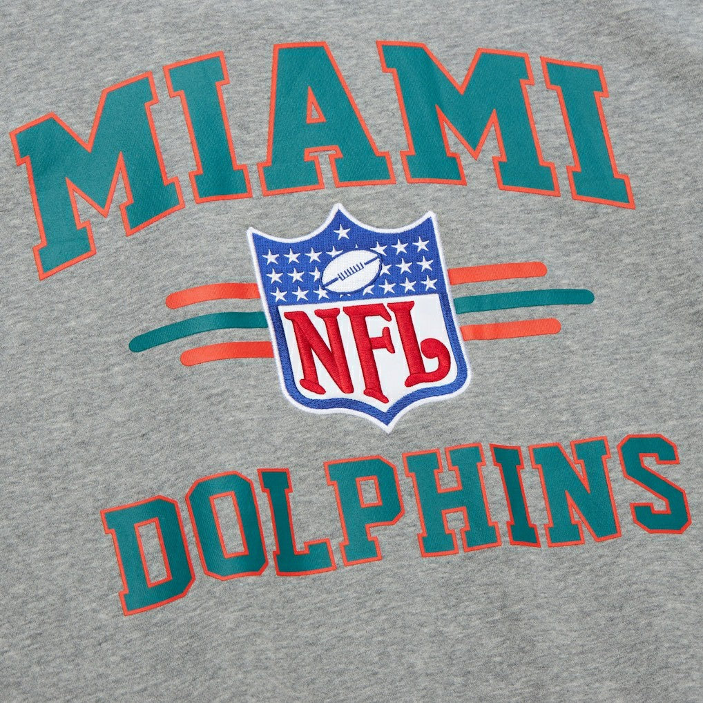 Miami Dolphins All Over 4.0 Vintage Logo Pullover Sweatshirt - Heather Gray - Mitchell & Ness