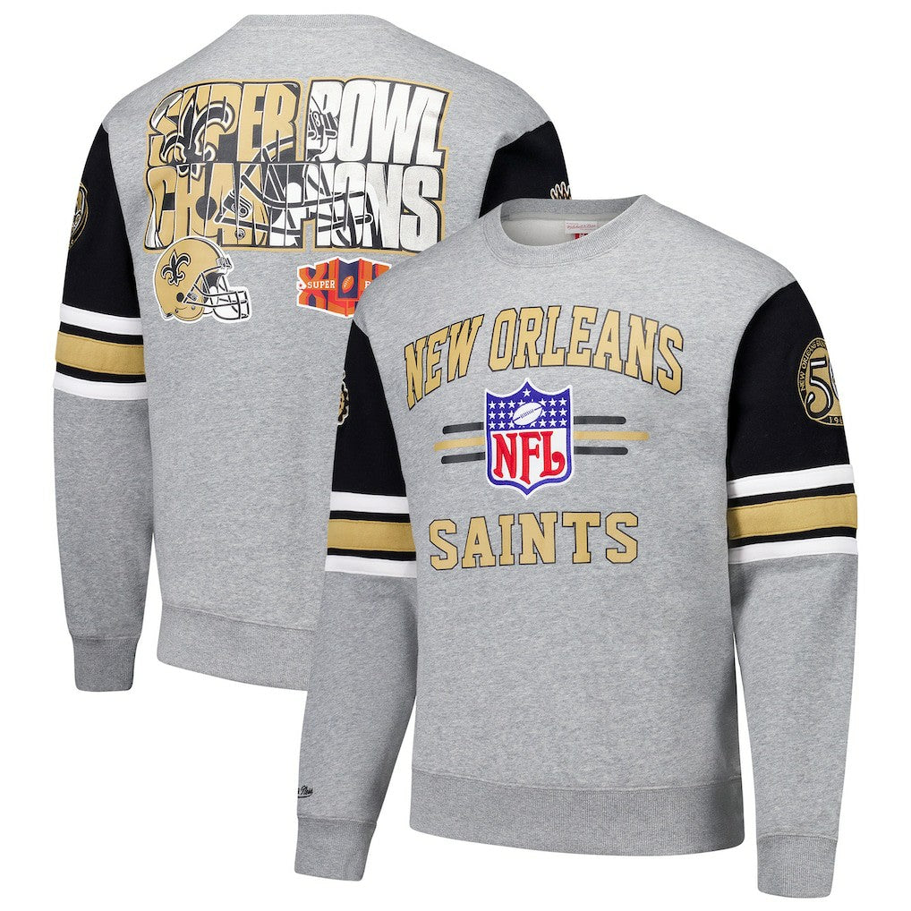 New Orleans Saints All Over 4.0 Vintage Logo Pullover Sweatshirt - Heather Gray - Mitchell & Ness