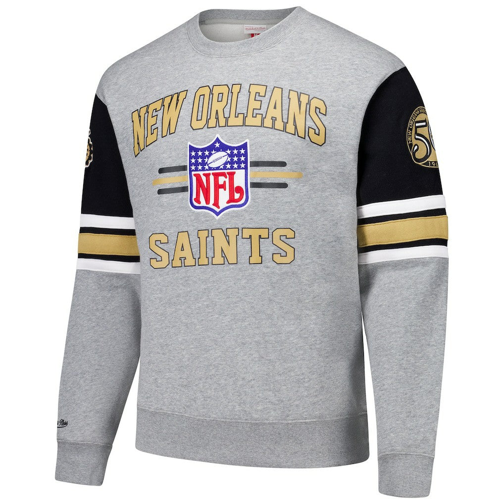 New Orleans Saints All Over 4.0 Vintage Logo Pullover Sweatshirt - Heather Gray - Mitchell & Ness