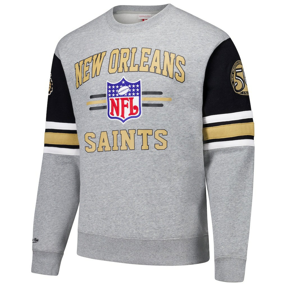 New Orleans Saints All Over 4.0 Vintage Logo Pullover Sweatshirt - Heather Gray - Mitchell & Ness