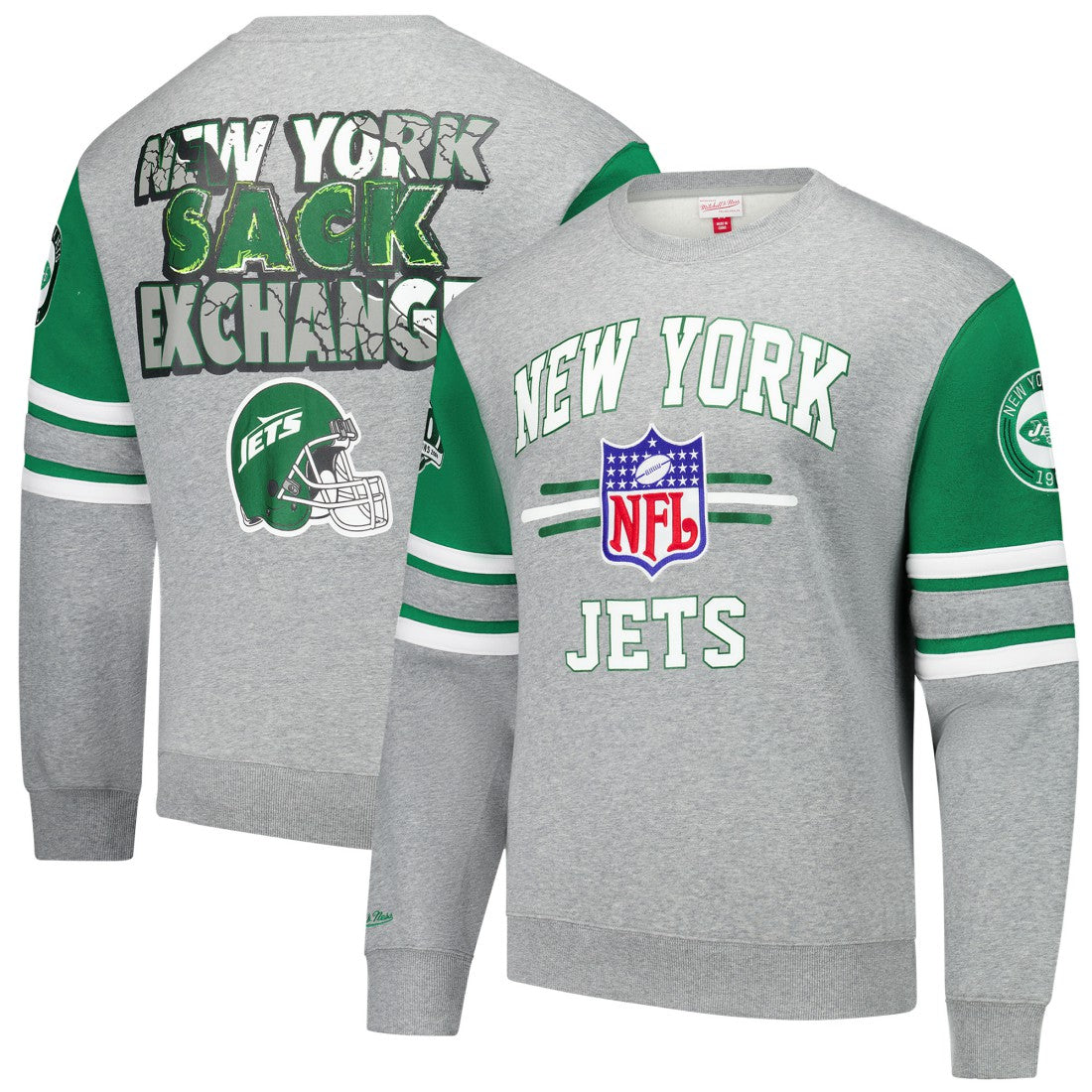 New York Jets All Over 4.0 Vintage Logo Pullover Sweatshirt - Heather Gray - Mitchell & Ness