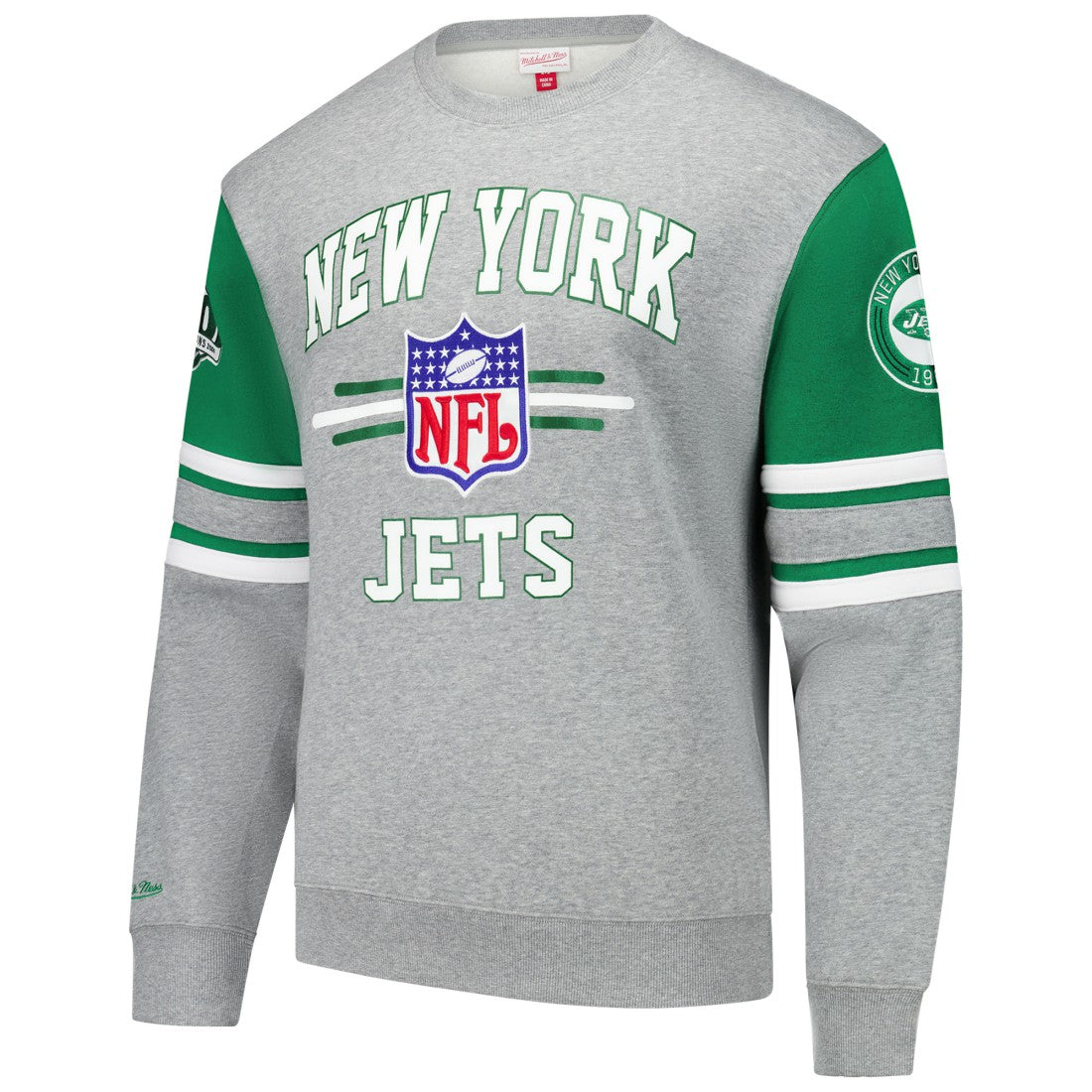 New York Jets All Over 4.0 Vintage Logo Pullover Sweatshirt - Heather Gray - Mitchell & Ness