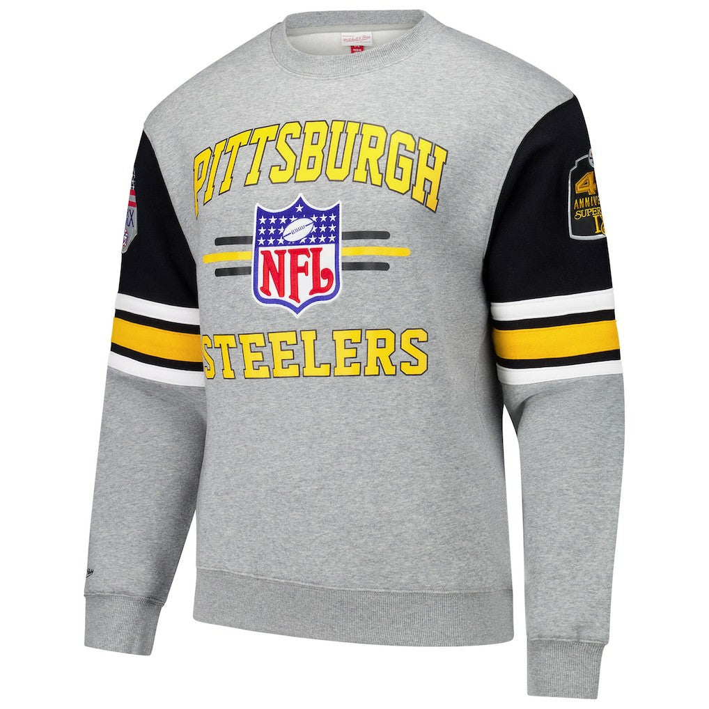 Pittsburgh Steelers All Over 4.0 Vintage Logo Pullover Sweatshirt - Heather Gray - Mitchell & Ness