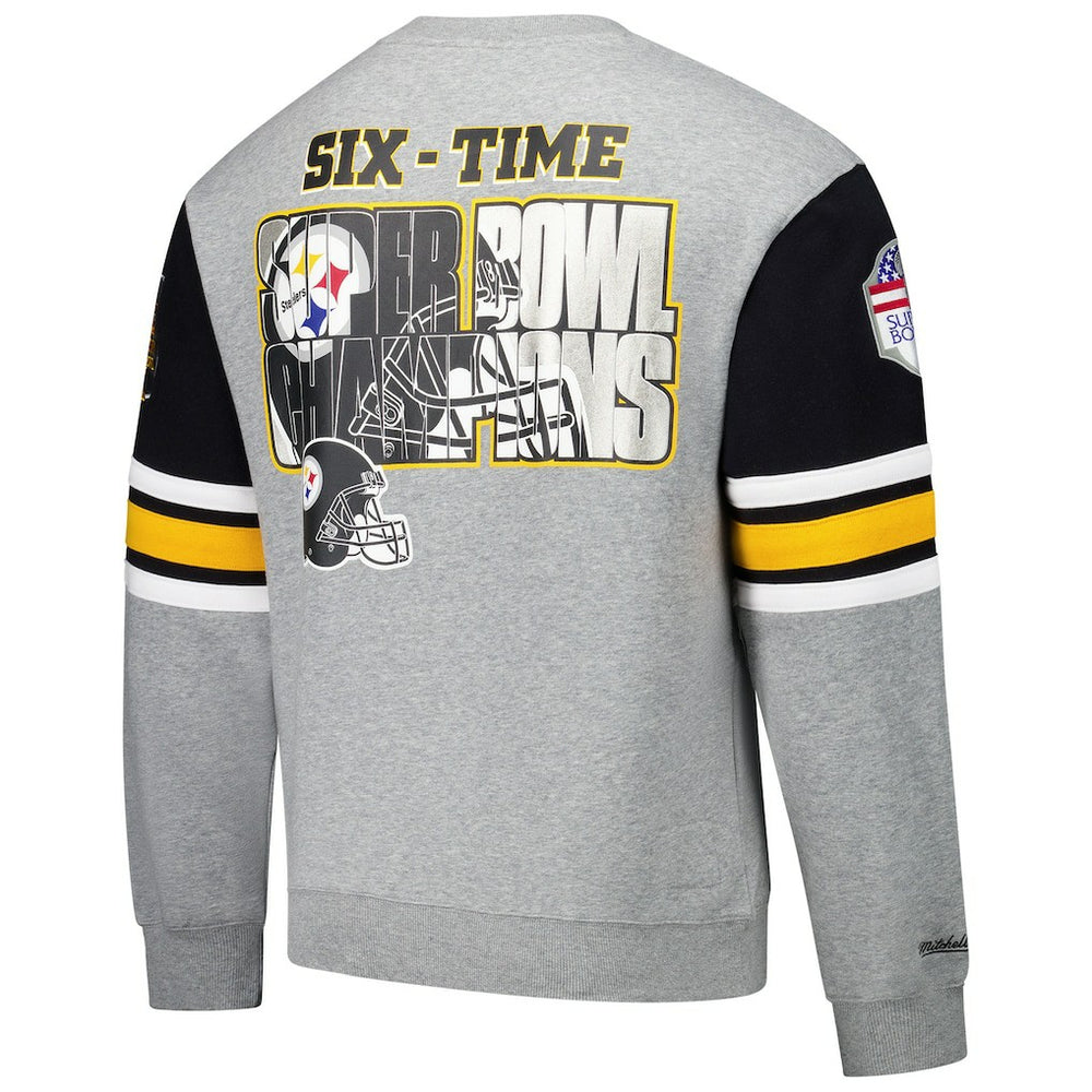 Pittsburgh Steelers All Over 4.0 Vintage Logo Pullover Sweatshirt - Heather Gray - Mitchell & Ness