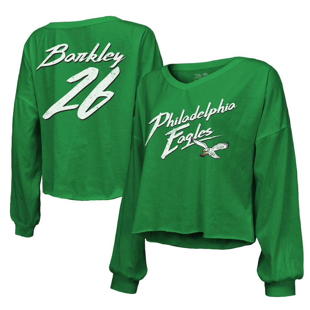 Saquon Barkley Philadelphia Eagles Majestic Threads Women's Name & Number Off-Shoulder Script Cropped Long Sleeve Relaxed V-Neck T-Shirt - Kelly Green - NFL