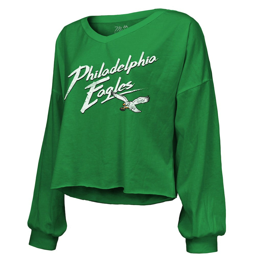 Saquon Barkley Philadelphia Eagles Majestic Threads Women's Name & Number Off-Shoulder Script Cropped Long Sleeve Relaxed V-Neck T-Shirt - Kelly Green - NFL