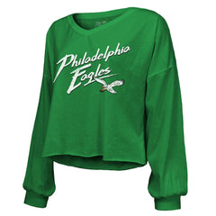 Saquon Barkley Philadelphia Eagles Majestic Threads Women's Name & Number Off-Shoulder Script Cropped Long Sleeve Relaxed V-Neck T-Shirt - Kelly Green - NFL