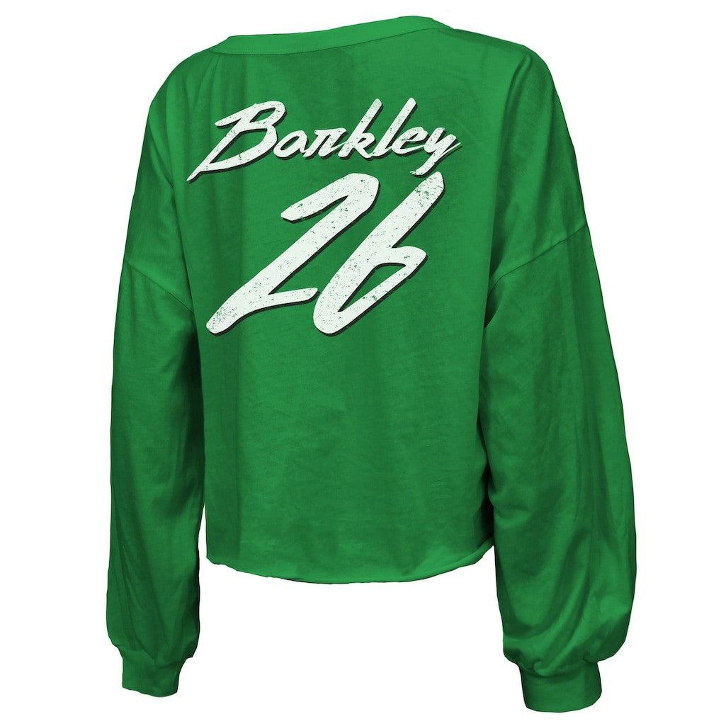 Saquon Barkley Philadelphia Eagles Majestic Threads Women's Name & Number Off-Shoulder Script Cropped Long Sleeve Relaxed V-Neck T-Shirt - Kelly Green - NFL