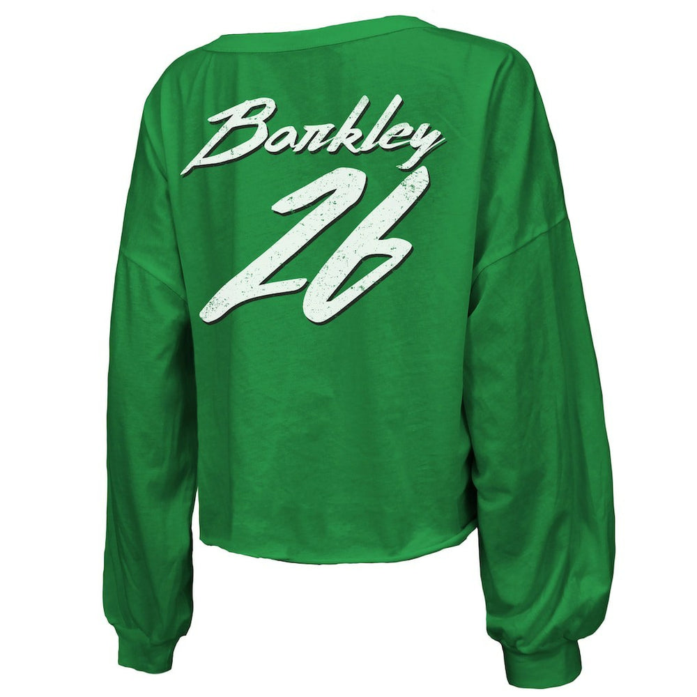 Saquon Barkley Philadelphia Eagles Majestic Threads Women's Name & Number Off-Shoulder Script Cropped Long Sleeve Relaxed V-Neck T-Shirt - Kelly Green - NFL