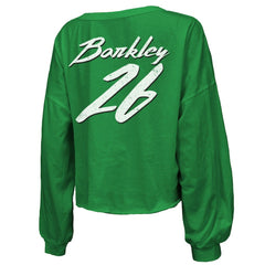 Saquon Barkley Philadelphia Eagles Majestic Threads Women's Name & Number Off-Shoulder Script Cropped Long Sleeve Relaxed V-Neck T-Shirt - Kelly Green - NFL