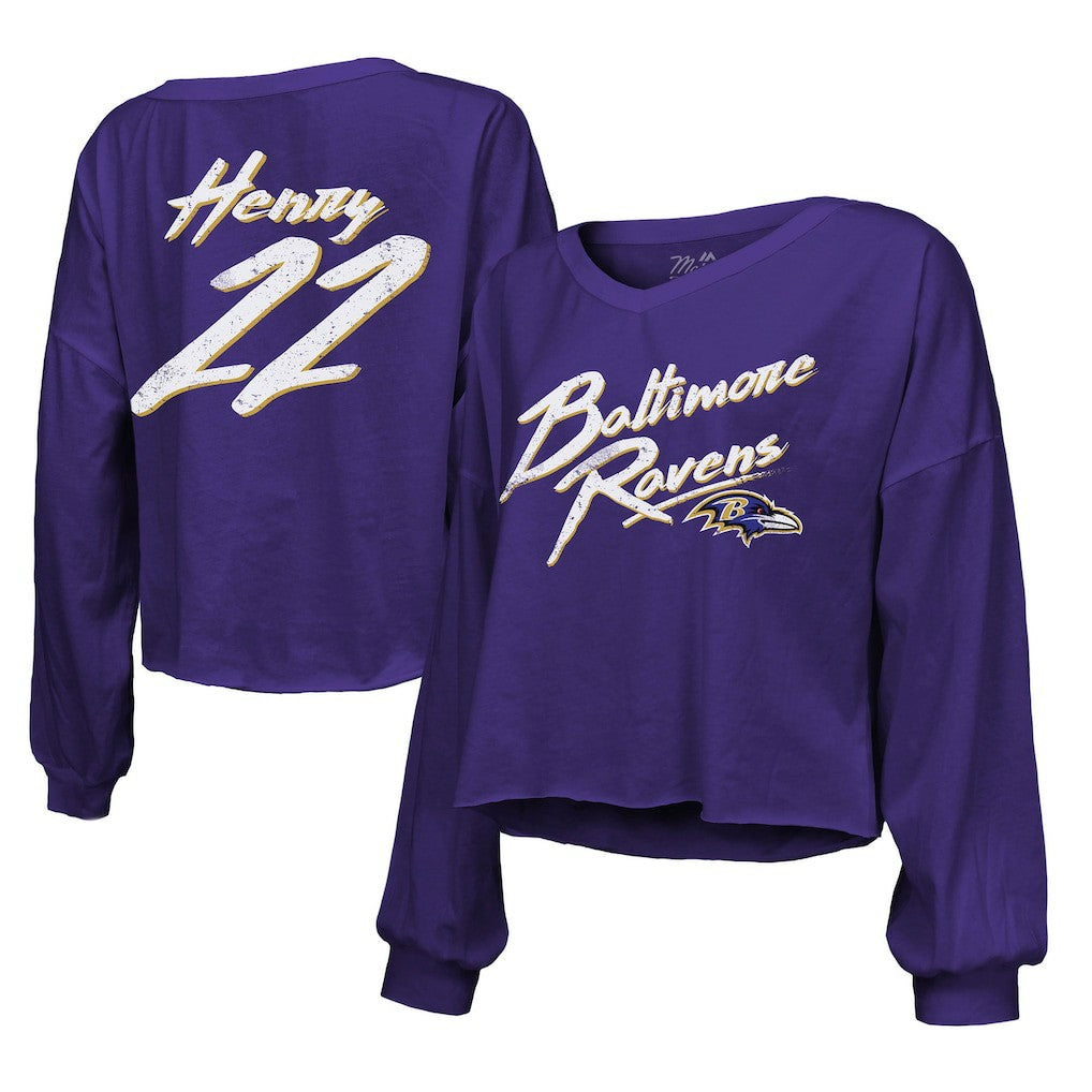 Derrick Henry Baltimore Ravens Majestic Threads Women's Name & Number Off-Shoulder Script Cropped Long Sleeve Relaxed V-Neck T-Shirt - Purple - NFL