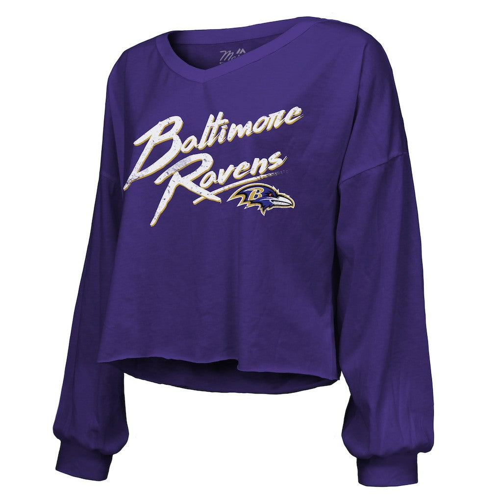 Derrick Henry Baltimore Ravens Majestic Threads Women's Name & Number Off-Shoulder Script Cropped Long Sleeve Relaxed V-Neck T-Shirt - Purple - NFL