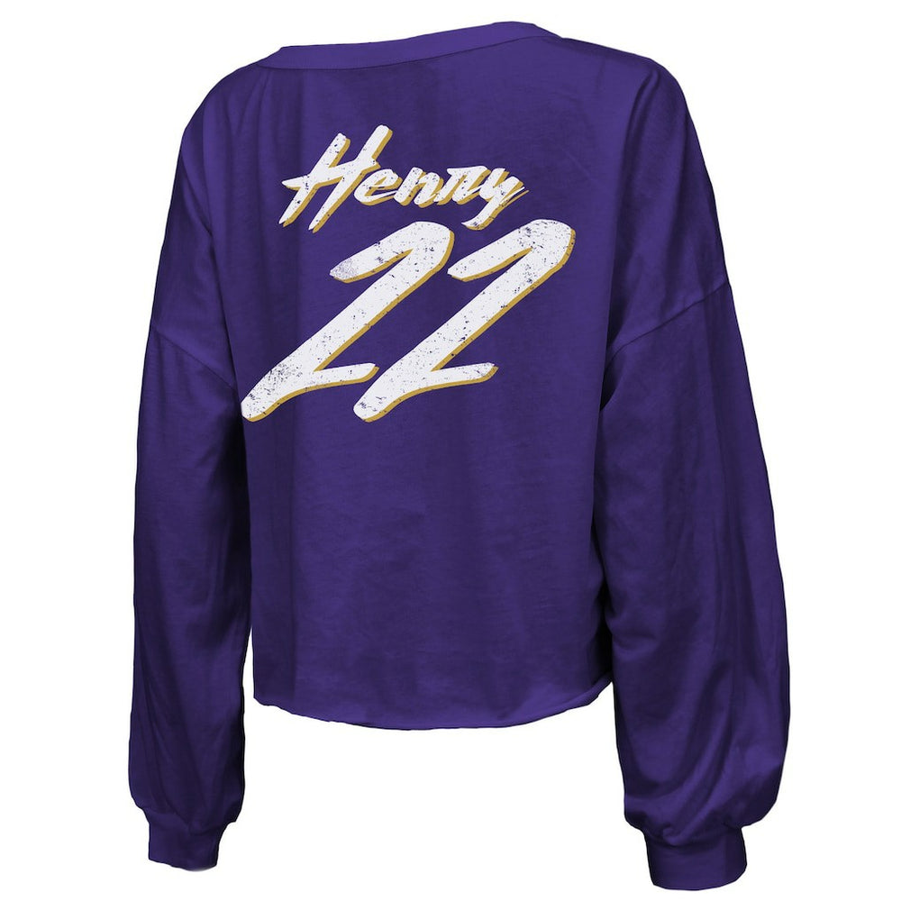 Derrick Henry Baltimore Ravens Majestic Threads Women's Name & Number Off-Shoulder Script Cropped Long Sleeve Relaxed V-Neck T-Shirt - Purple - NFL