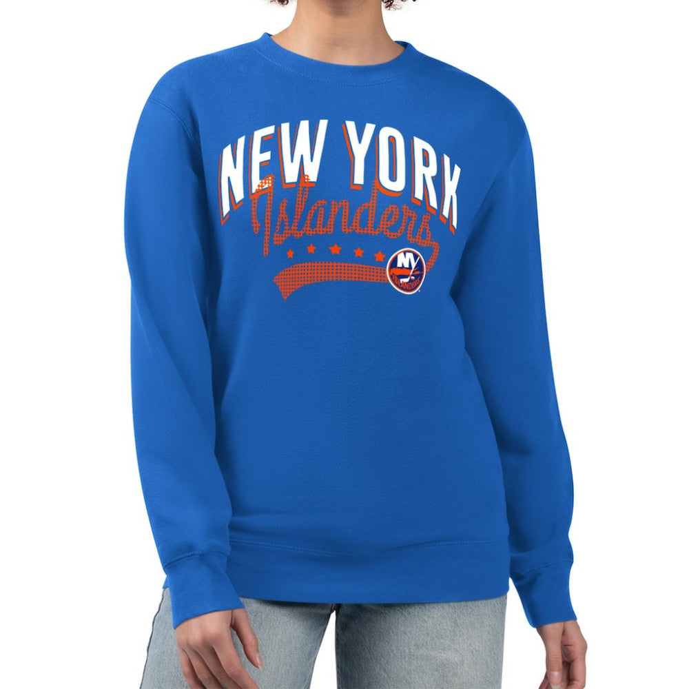 New York Islanders G-III 4Her by Carl Banks Women's Filigree Team Graphic Fleece Pullover Sweatshirt - Royal | NHL Lifestyle