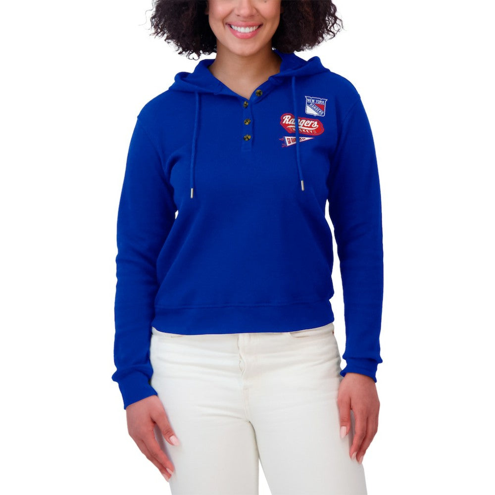 New York Rangers WEAR by Erin Andrews Women's Waffle-Knit Pullover Hoodie - Blue | NHL Clearance