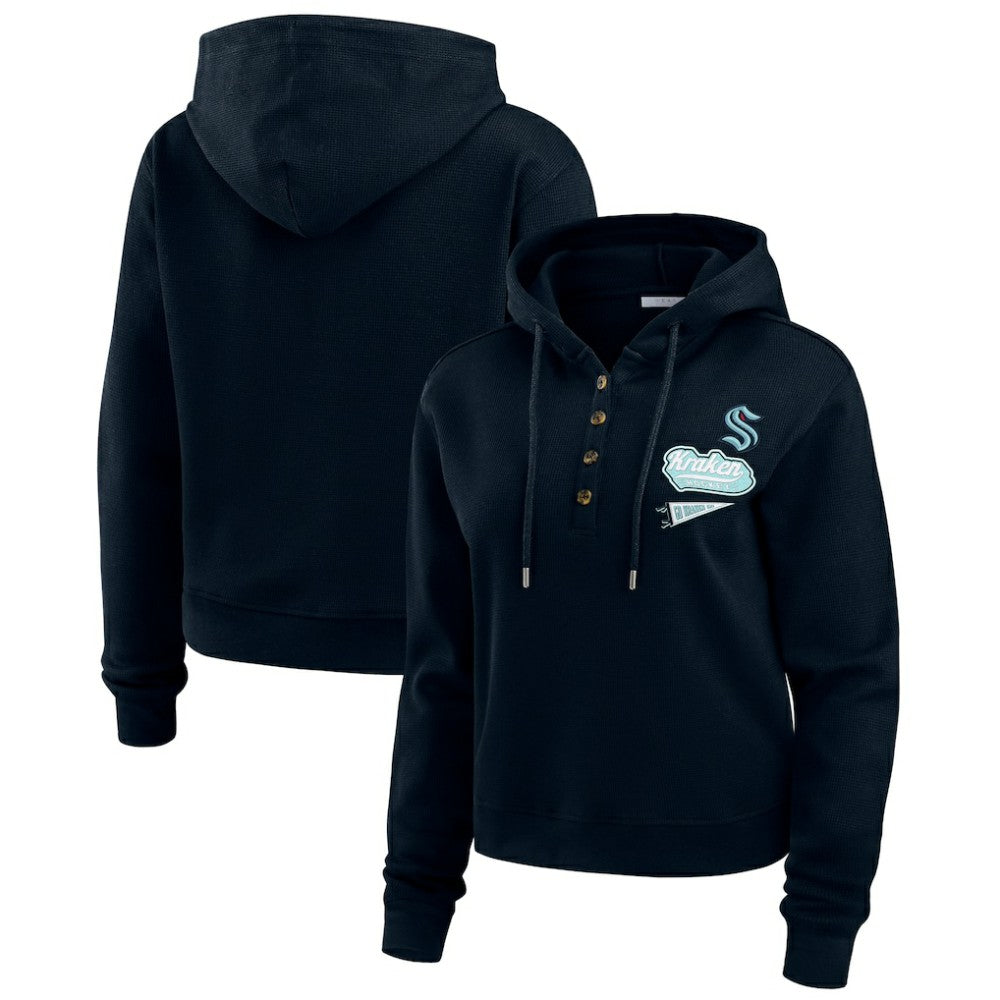 Seattle Kraken WEAR by Erin Andrews Women's Waffle-Knit Pullover Hoodie - Deep Sea Blue | NHL near me