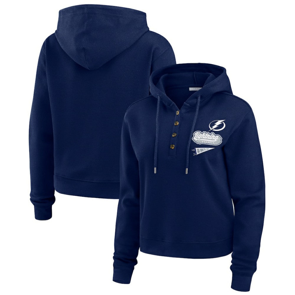 Tampa Bay Lightning WEAR by Erin Andrews Women's Waffle-Knit Pullover Hoodie - Blue | NHL on sale