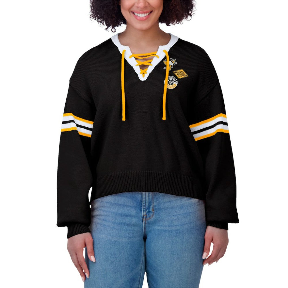 Pittsburgh Penguins WEAR by Erin Andrews Women's Cropped Lace-Up Sweater - Black | NHL Lifestyle