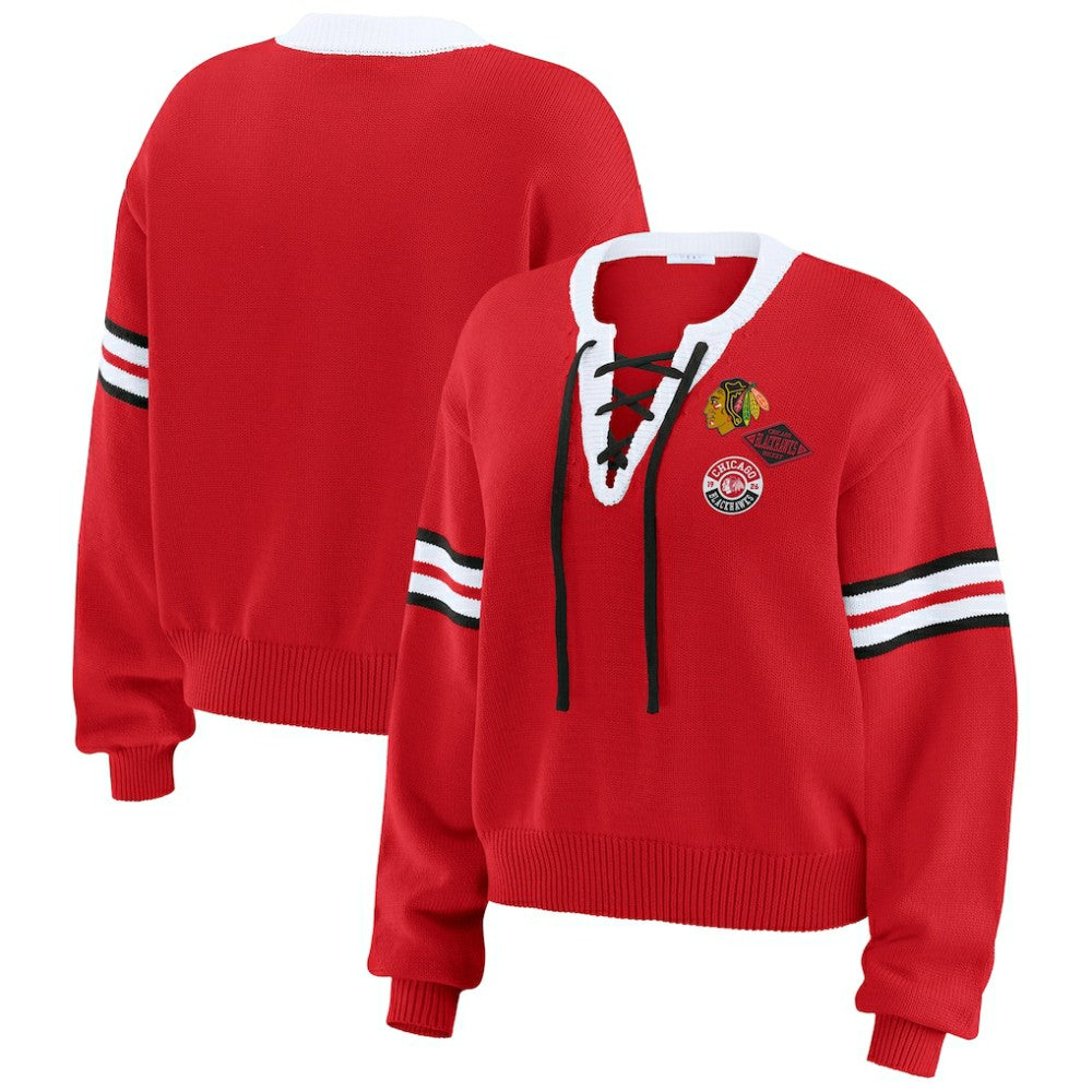 Chicago Blackhawks WEAR by Erin Andrews Women's Cropped Lace-Up Sweater - Red | NHL online