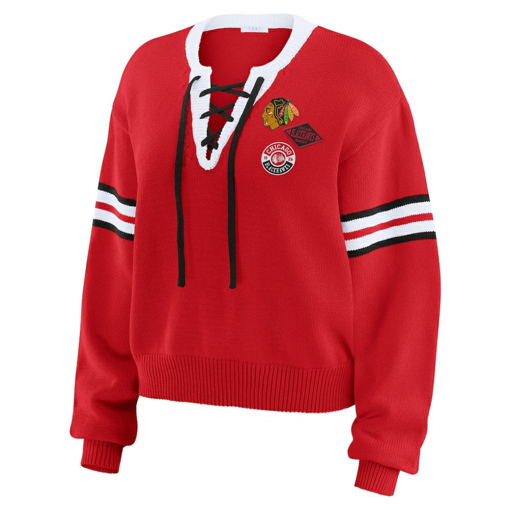 Chicago Blackhawks WEAR by Erin Andrews Women's Cropped Lace-Up Sweater - Red | NHL online