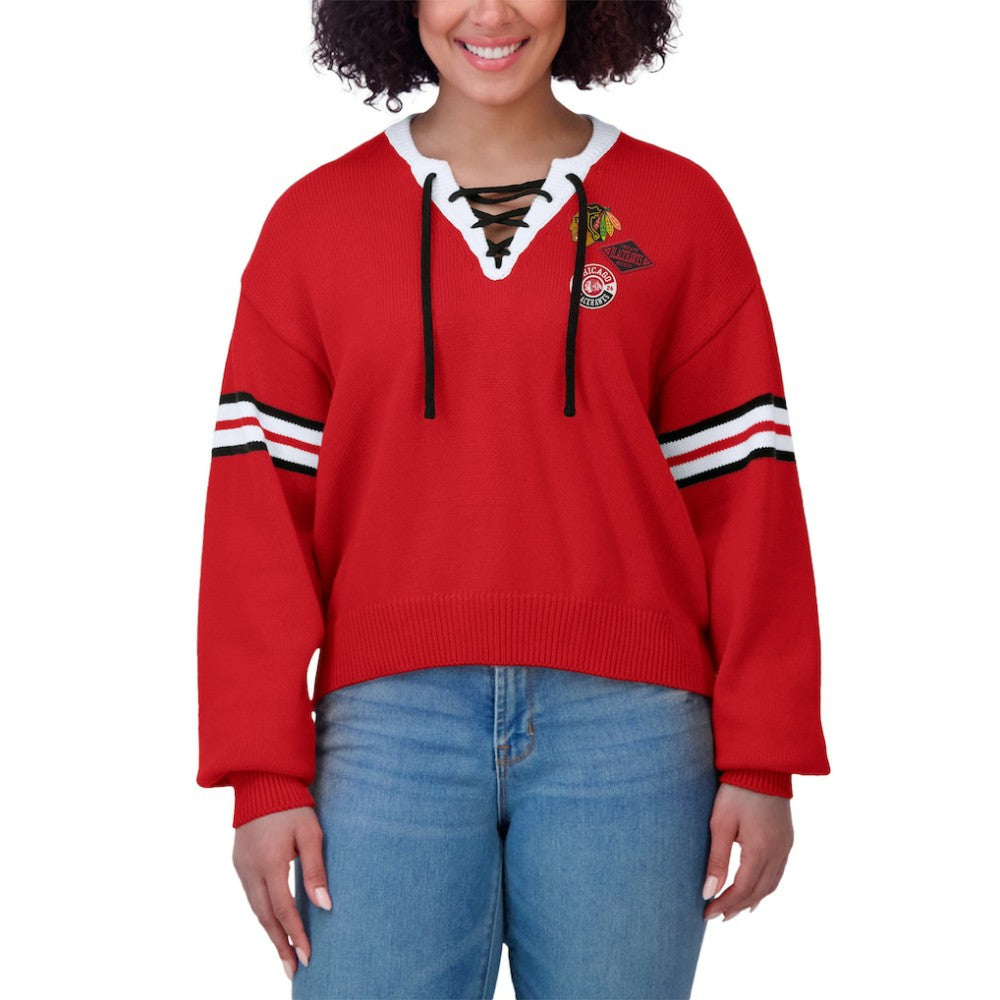 Chicago Blackhawks WEAR by Erin Andrews Women's Cropped Lace-Up Sweater - Red | NHL online
