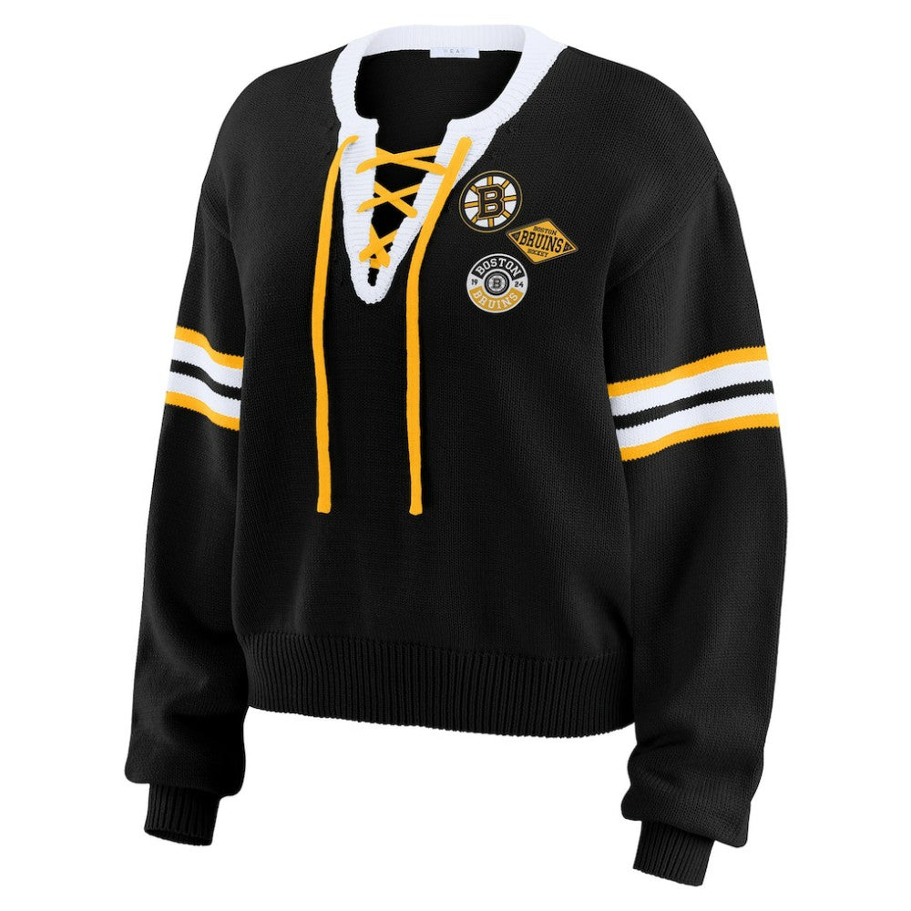 Boston Bruins WEAR by Erin Andrews Women's Cropped Lace-Up Sweater - Black | NHL on sale