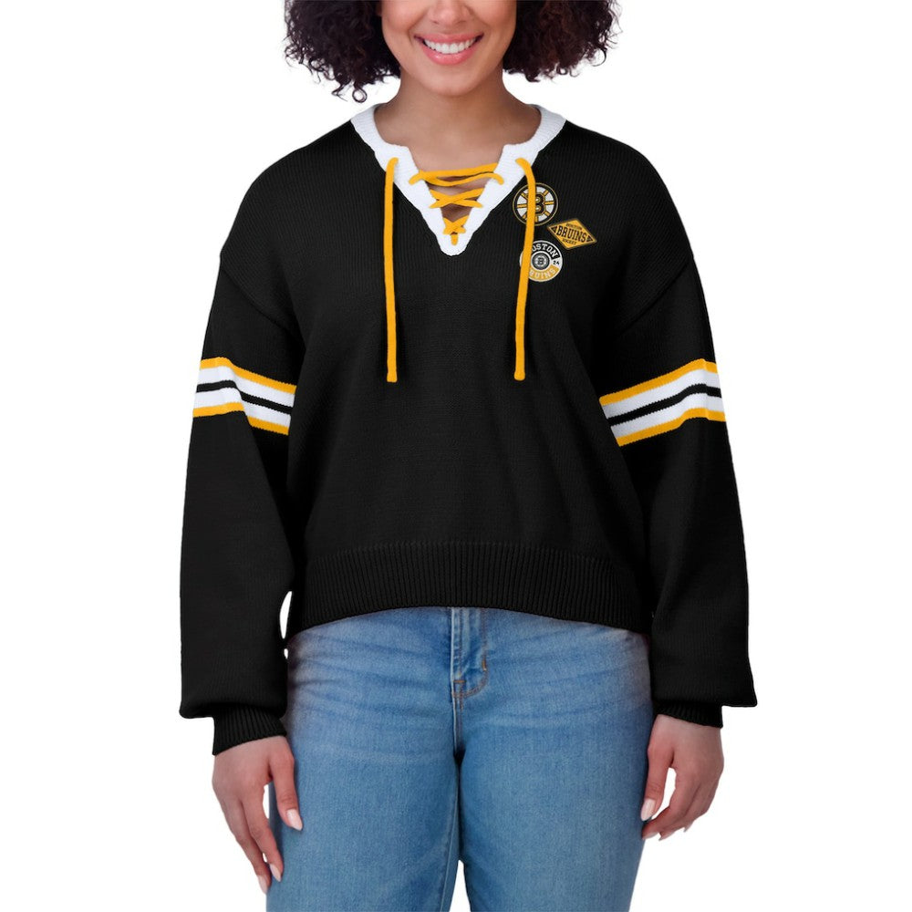 Boston Bruins WEAR by Erin Andrews Women's Cropped Lace-Up Sweater - Black | NHL on sale