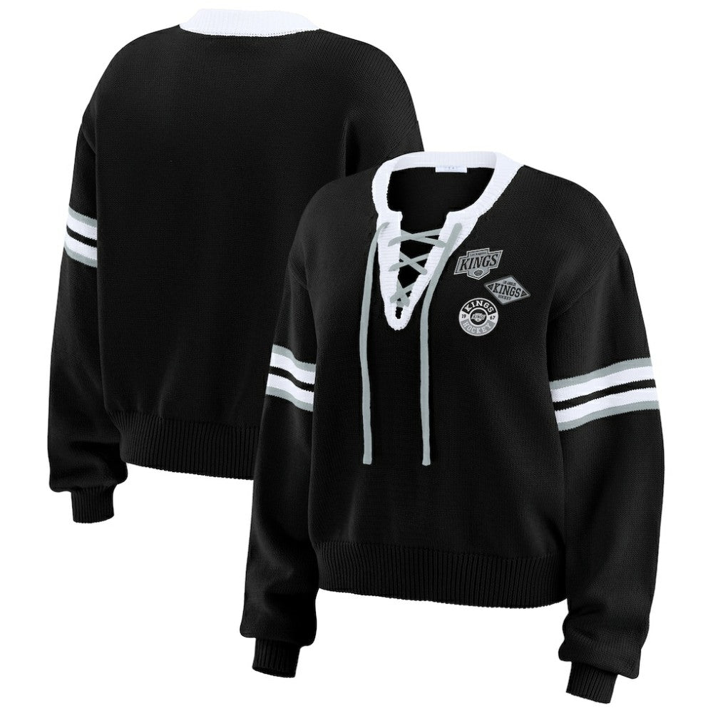 Los Angeles Kings WEAR by Erin Andrews Women's Cropped Lace-Up Sweater - Black | NHL Clearance