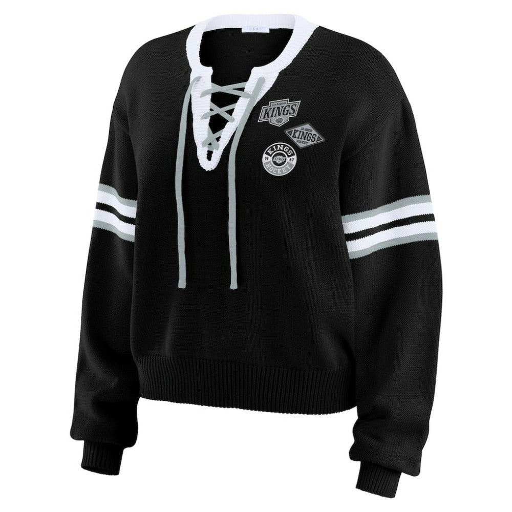 Los Angeles Kings WEAR by Erin Andrews Women's Cropped Lace-Up Sweater - Black | NHL Clearance
