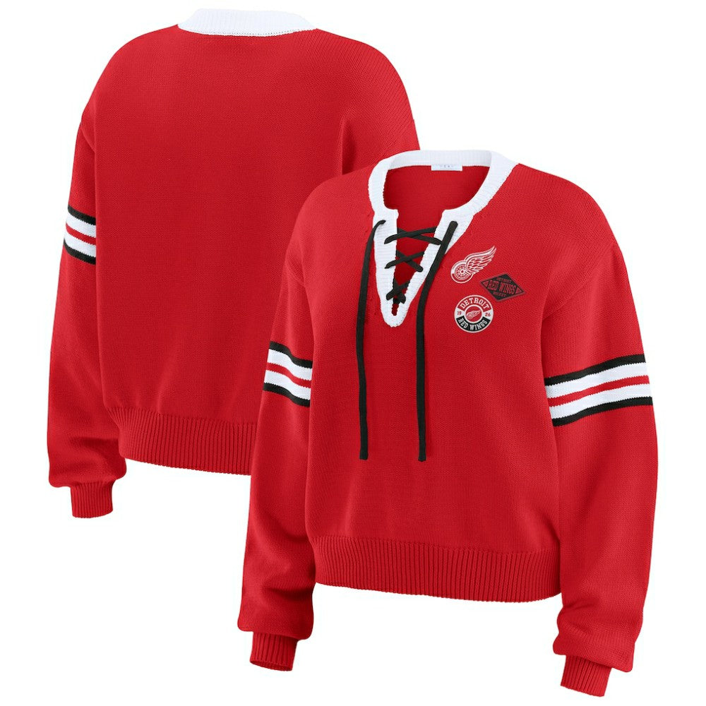 Detroit Red Wings WEAR by Erin Andrews Women's Cropped Lace-Up Sweater - Red | NHL near me