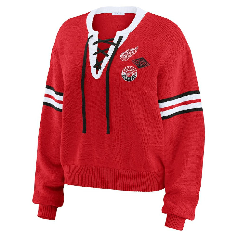 Detroit Red Wings WEAR by Erin Andrews Women's Cropped Lace-Up Sweater - Red | NHL near me