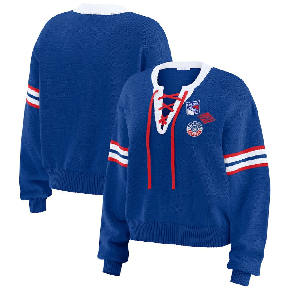 New York Rangers WEAR by Erin Andrews Women's Cropped Lace-Up Sweater - Blue | NHL near me