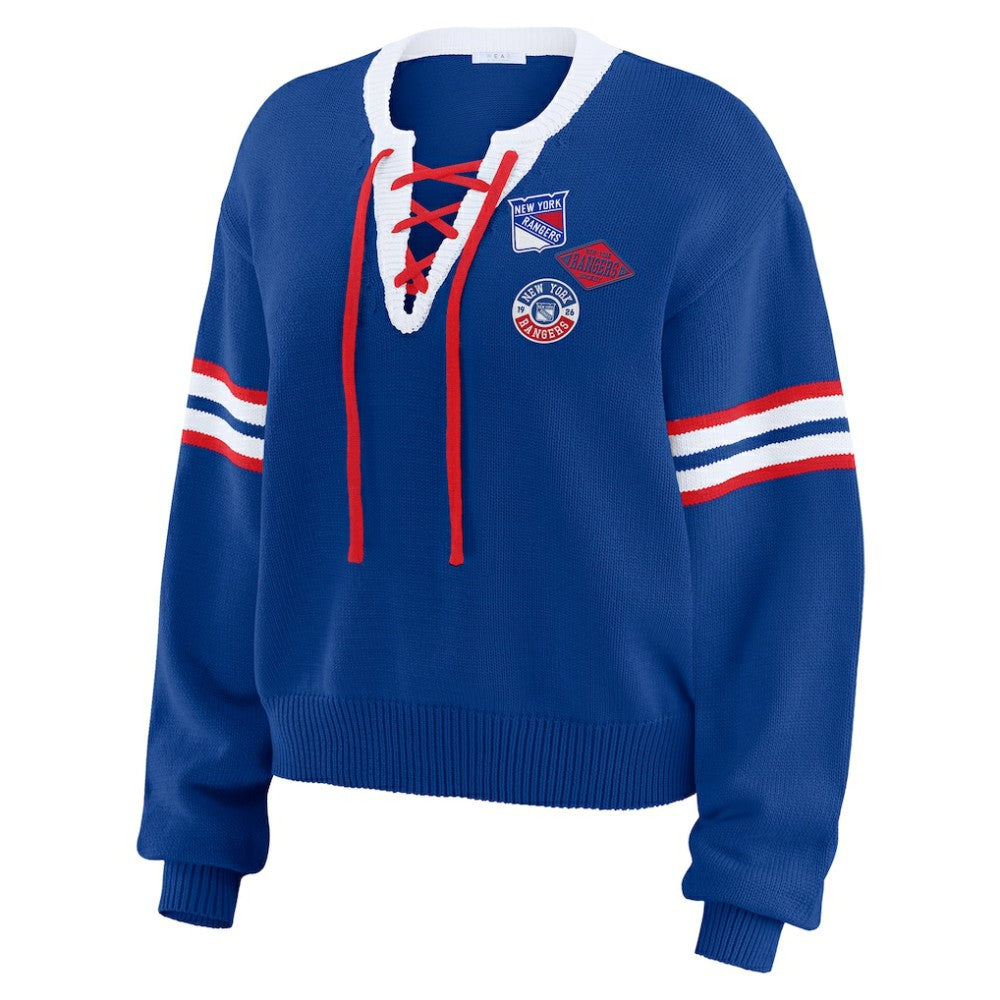 New York Rangers WEAR by Erin Andrews Women's Cropped Lace-Up Sweater - Blue | NHL near me