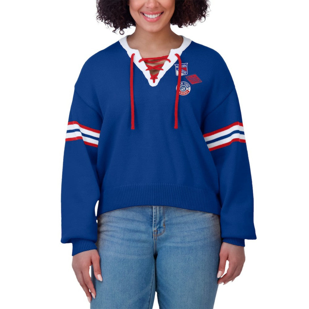 New York Rangers WEAR by Erin Andrews Women's Cropped Lace-Up Sweater - Blue | NHL near me