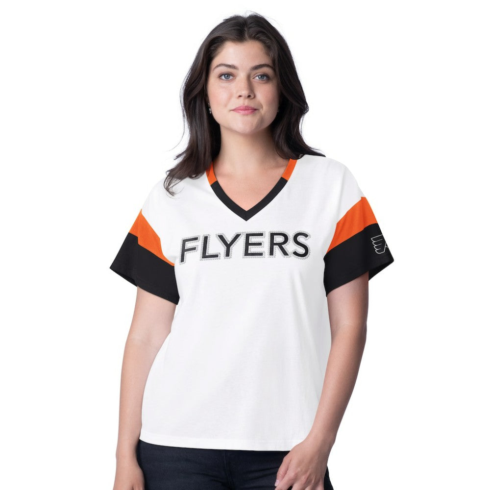 Philadelphia Flyers G-III 4Her by Carl Banks Women's Rink Oversized Rhinestone V-Neck T-Shirt - White | NHL Lifestyle