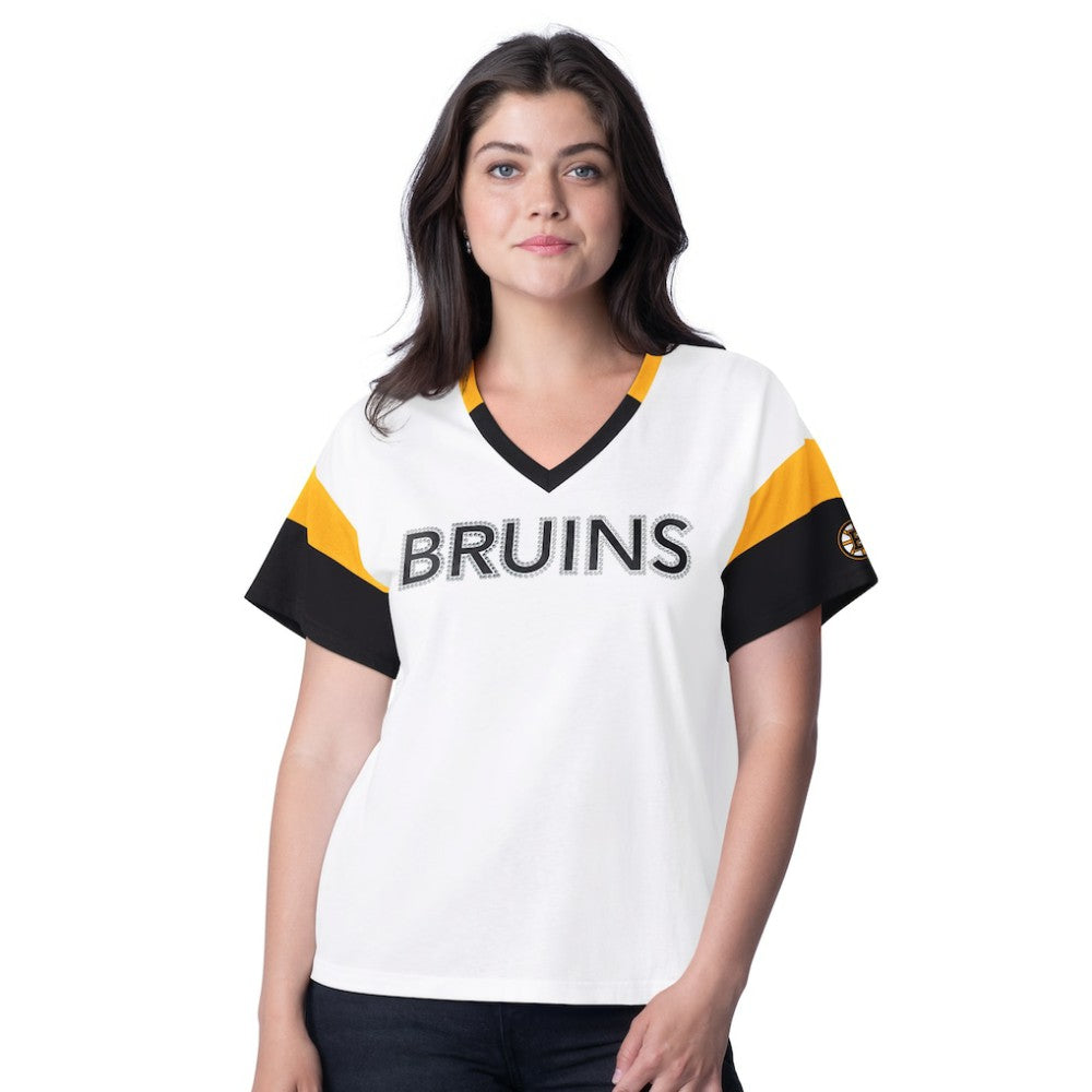 Boston Bruins G-III 4Her by Carl Banks Women's Rink Oversized Rhinestone V-Neck T-Shirt - White | NHL Lifestyle