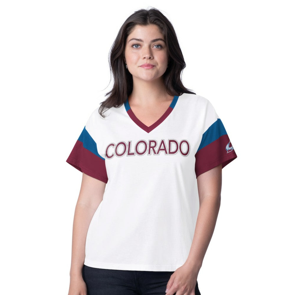 Colorado Avalanche G-III 4Her by Carl Banks Women's Rink Oversized Rhinestone V-Neck T-Shirt - White | NHL Clearance