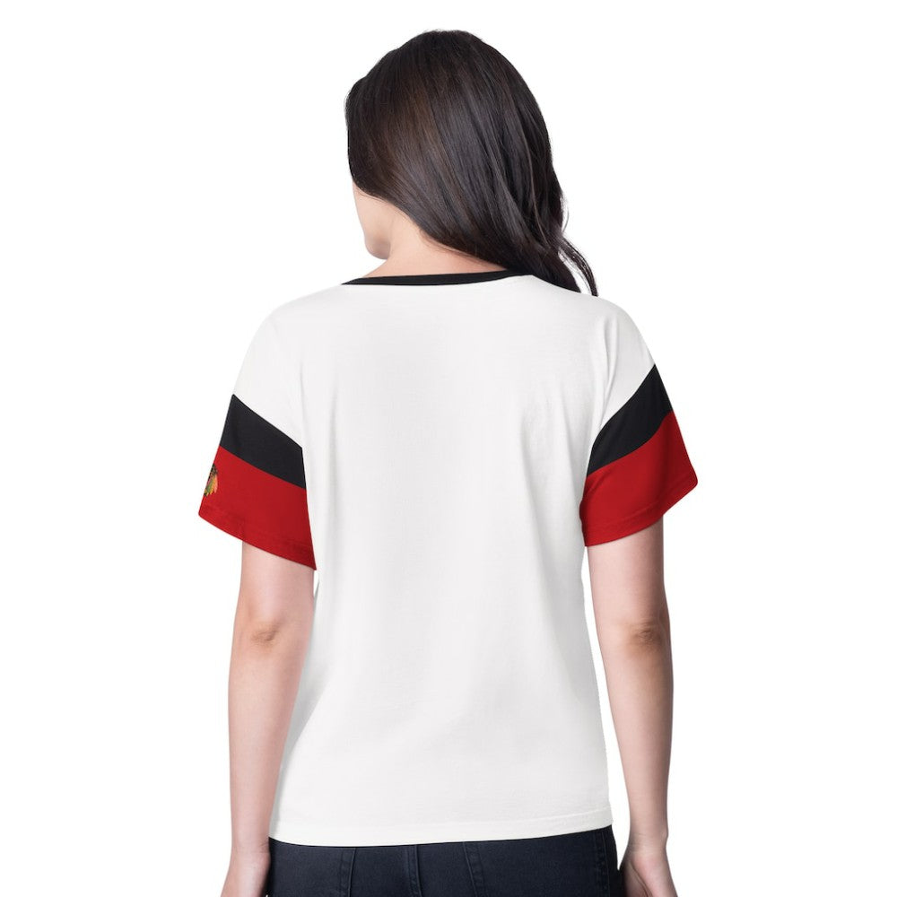 Chicago Blackhawks G-III 4Her by Carl Banks Women's Rink Oversized Rhinestone V-Neck T-Shirt - White | NHL Clearance